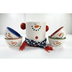 Vintage Snowman Popcorn/ Ice Bucket & 4 Bowls Christmas Decor LTD Commodities